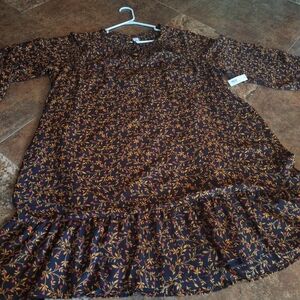 NWT Fall Color Ditsy Floral Midi Shift Dress Ruffled Hem XXL